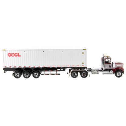 1:50th Scale Model of a Western Star 4900 Day Cab w/40' Sea Container Trailer "OOCL - Orient Overseas Container Line", & Chassis on a White Background