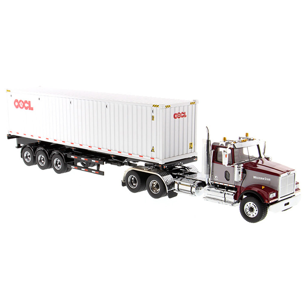 1:50th Scale Model of a Western Star 4900 Day Cab w/40' Sea Container Trailer "OOCL - Orient Overseas Container Line", & Chassis on a White Background