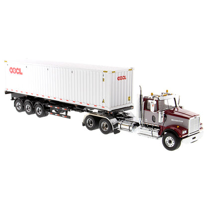 1:50th Scale Model of a Western Star 4900 Day Cab w/40' Sea Container Trailer "OOCL - Orient Overseas Container Line", & Chassis on a White Background