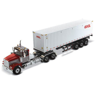 1:50th Scale Model of a Western Star 4900 Day Cab w/40' Sea Container Trailer "OOCL - Orient Overseas Container Line", & Chassis on a White Background