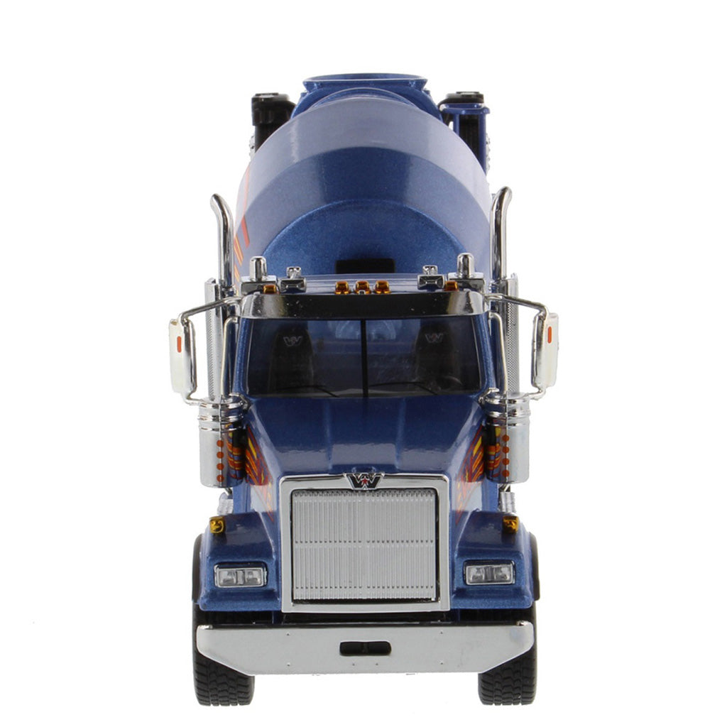 A die-cast model of a blue Western Star cement mixer truck with orange and yellow graphic accents, shown on a clean white background.