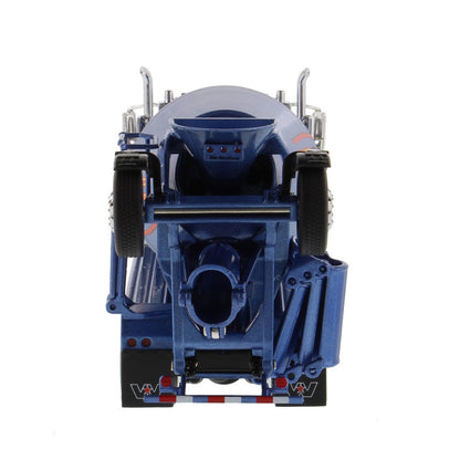 A die-cast model of a blue Western Star cement mixer truck with orange and yellow graphic accents, shown on a clean white background.