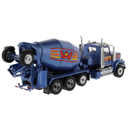 A die-cast model of a blue Western Star cement mixer truck with orange and yellow graphic accents, shown on a clean white background.