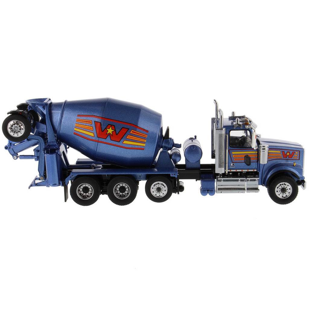 A die-cast model of a blue Western Star cement mixer truck with orange and yellow graphic accents, shown on a clean white background.