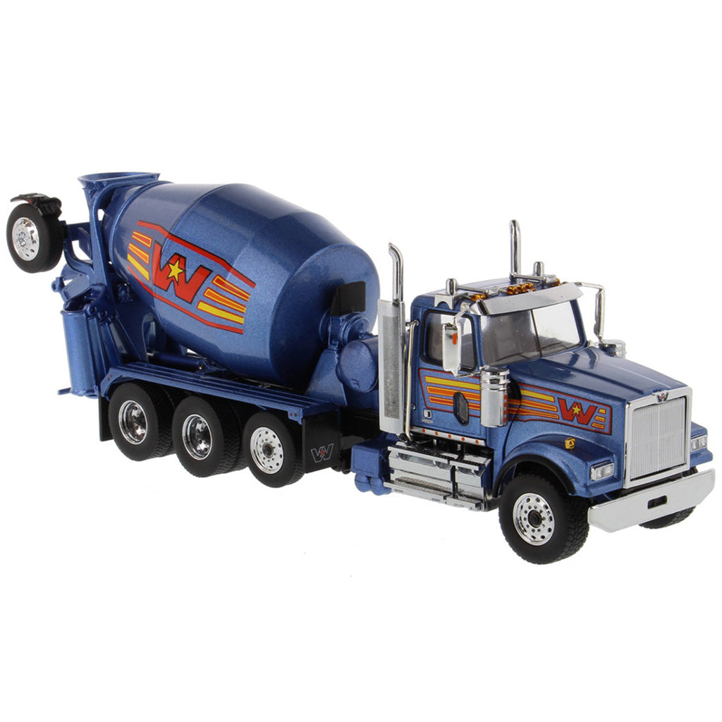 A die-cast model of a blue Western Star cement mixer truck with orange and yellow graphic accents, shown on a clean white background.