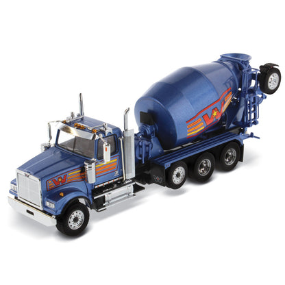 A die-cast model of a blue Western Star cement mixer truck with orange and yellow graphic accents, shown on a clean white background.