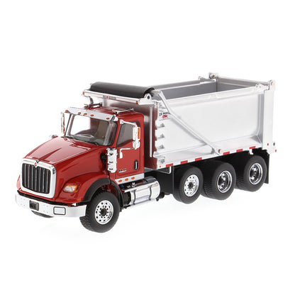 Model of a Red International HX260 Tri-Axle Dump Truck with Ox Bodies Stampede Dump Bed (Red/Silver) on a White Background
