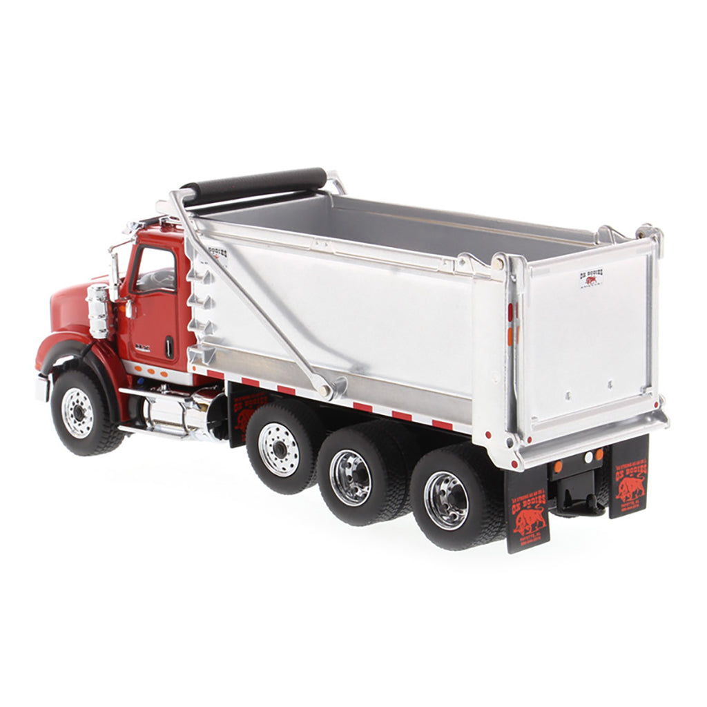 Model of a Red International HX260 Tri-Axle Dump Truck with Ox Bodies Stampede Dump Bed (Red/Silver) on a White Background