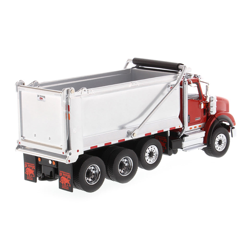 Model of a Red International HX260 Tri-Axle Dump Truck with Ox Bodies Stampede Dump Bed (Red/Silver) on a White Background