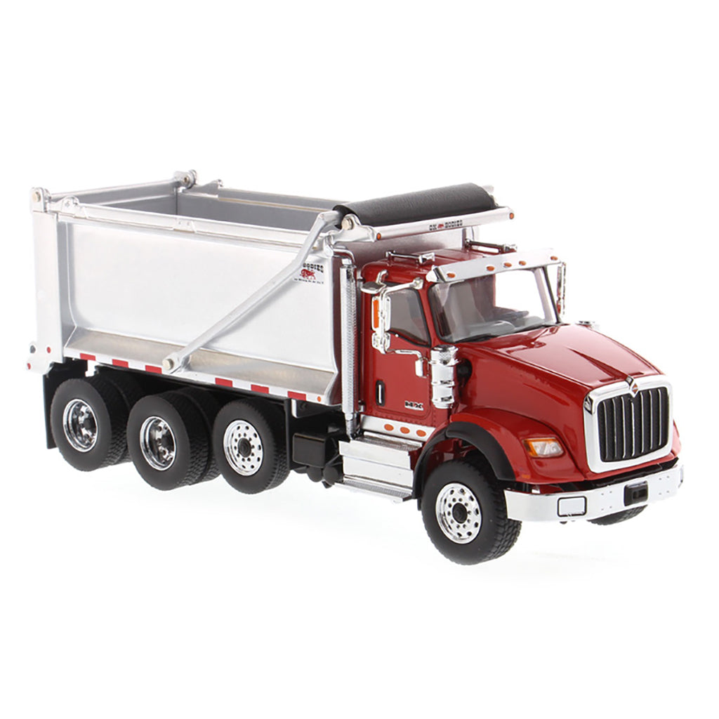 Model of a Red International HX260 Tri-Axle Dump Truck with Ox Bodies Stampede Dump Bed (Red/Silver) on a White Background