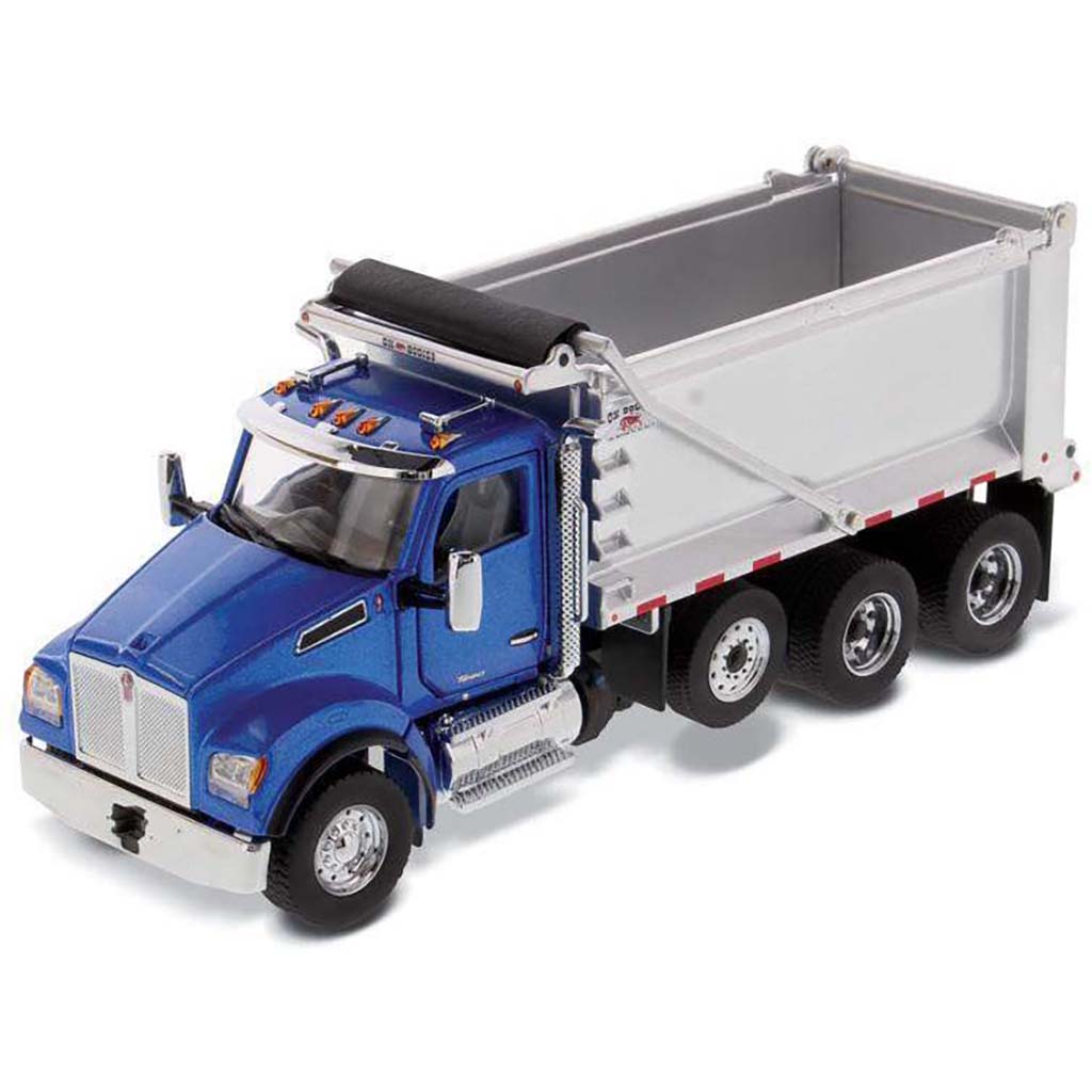 Model dump truck with blue cab and silver bed on a white background