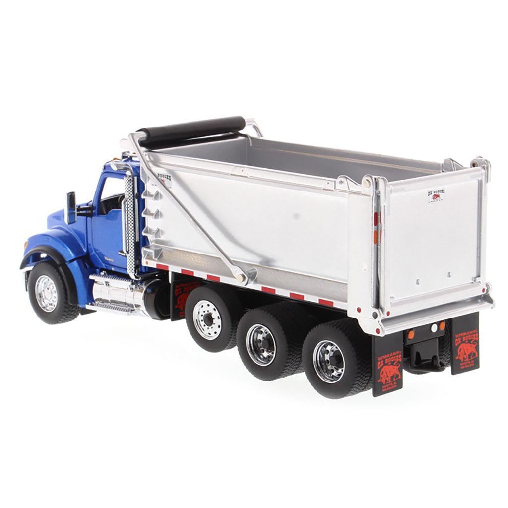 Model dump truck with blue cab and silver bed on a white background
