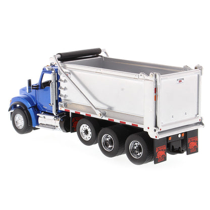 Model dump truck with blue cab and silver bed on a white background