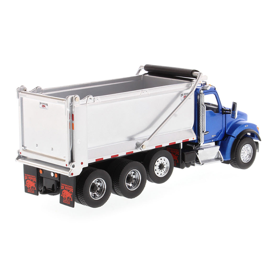 Model dump truck with blue cab and silver bed on a white background
