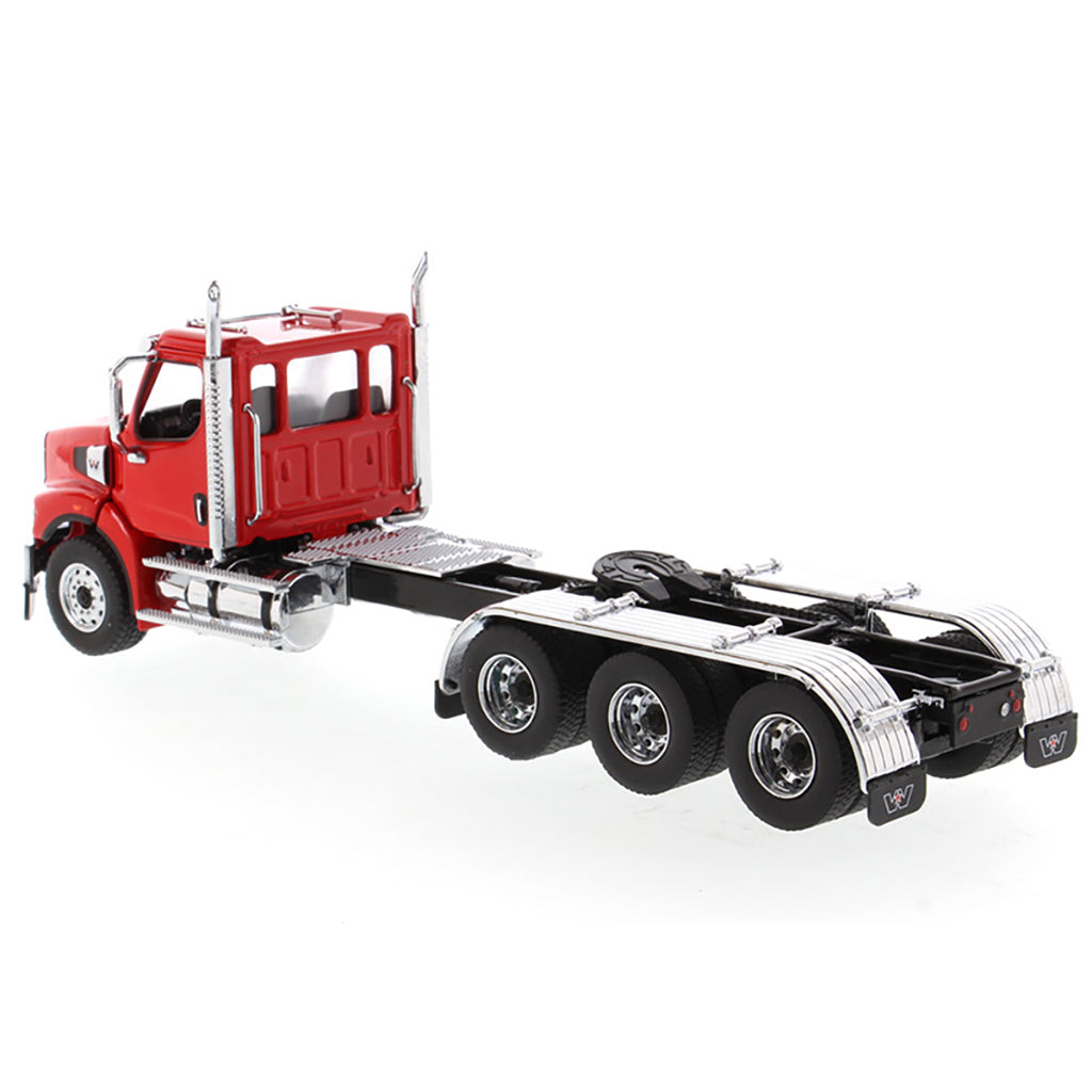 Model of a red Western Star 49X with Set-Back Front Axle and Tri-Drive on a White Background