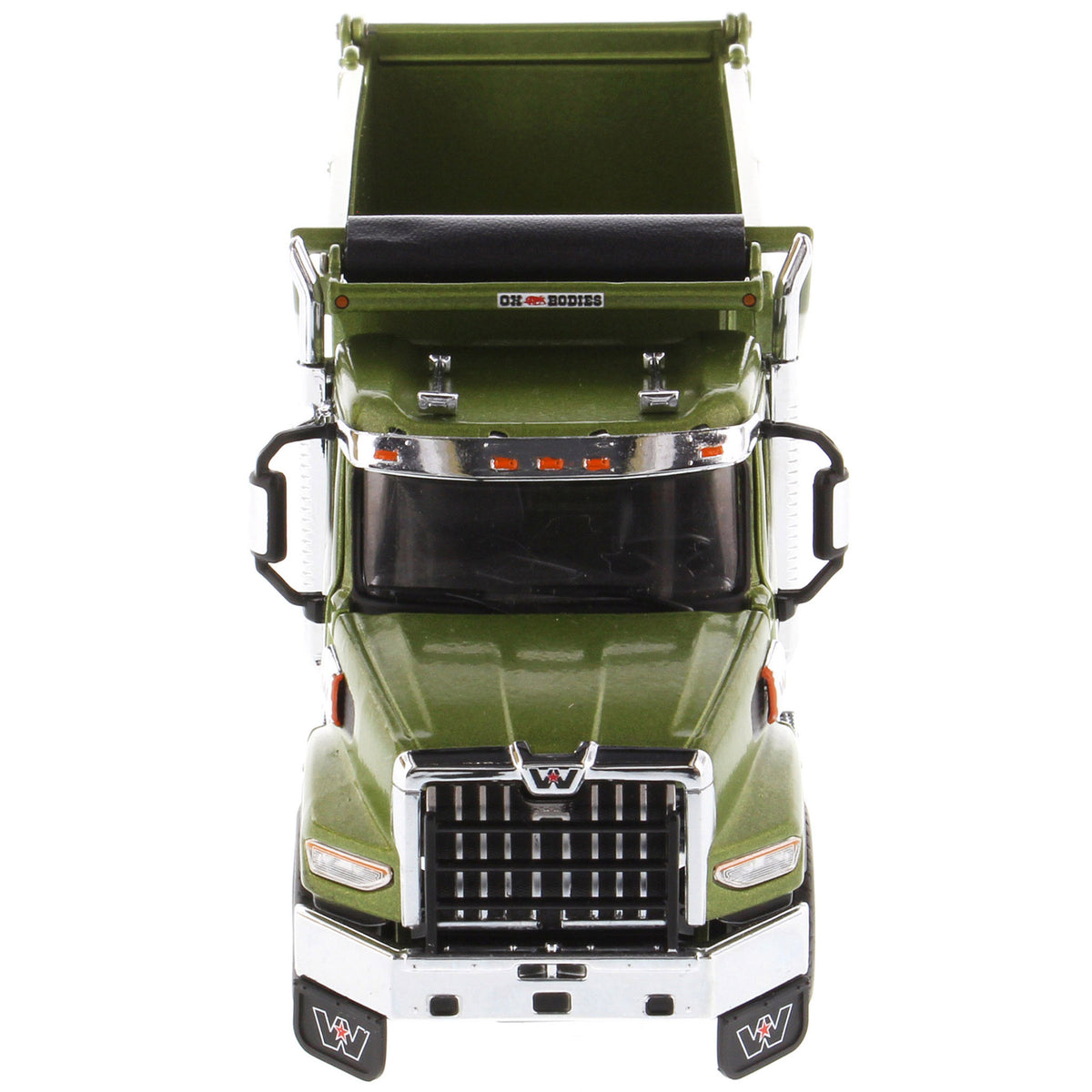 1:50 Scale Diecast Model of a Western Star 49X Ox Bodies Stampede Dump Truck w/Pusher Axle in Metallic Olive Green on a White Background