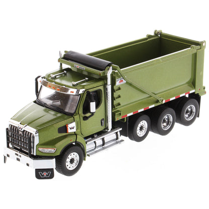 1:50 Scale Diecast Model of a Western Star 49X Ox Bodies Stampede Dump Truck w/Pusher Axle in Metallic Olive Green on a White Background