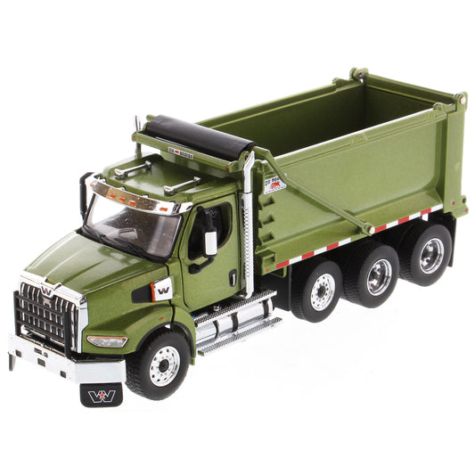1:50 Scale Diecast Model of a Western Star 49X Ox Bodies Stampede Dump Truck w/Pusher Axle in Metallic Olive Green on a White Background