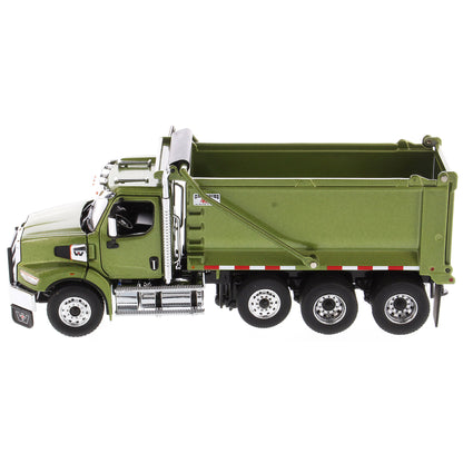 1:50 Scale Diecast Model of a Western Star 49X Ox Bodies Stampede Dump Truck w/Pusher Axle in Metallic Olive Green on a White Background