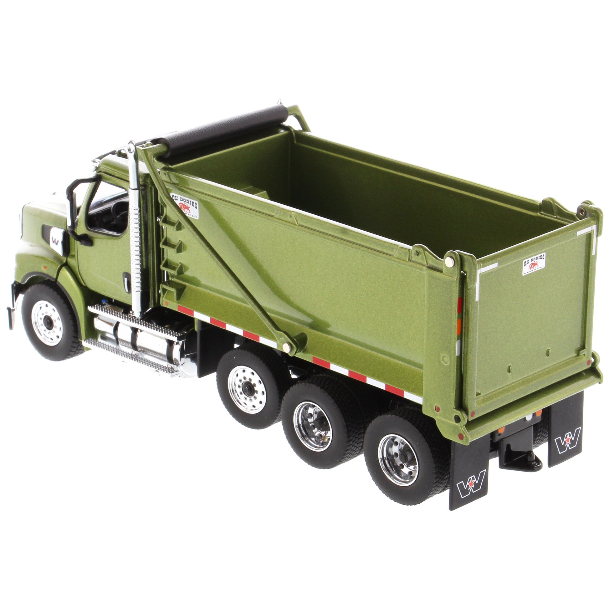 1:50 Scale Diecast Model of a Western Star 49X Ox Bodies Stampede Dump Truck w/Pusher Axle in Metallic Olive Green on a White Background