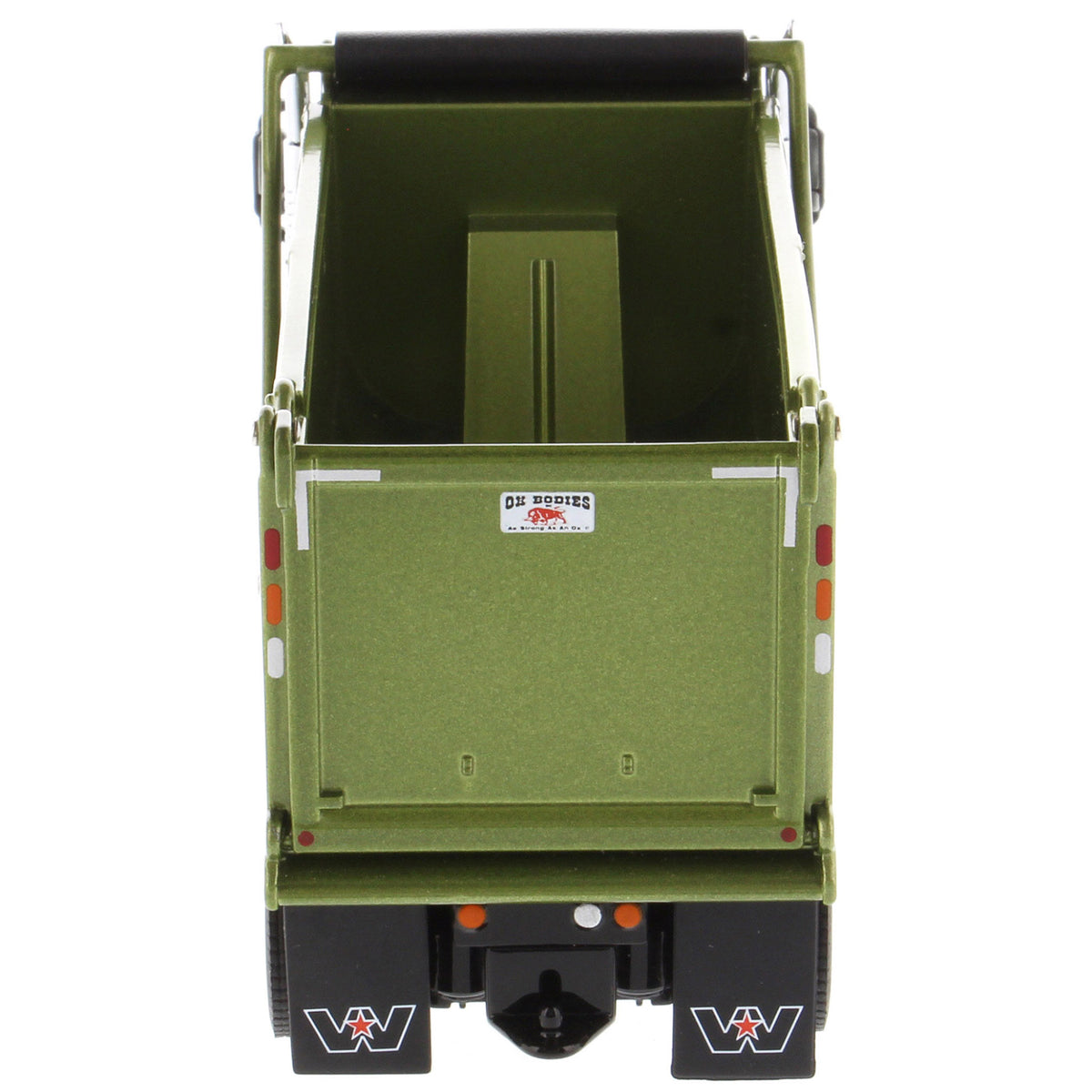 1:50 Scale Diecast Model of a Western Star 49X Ox Bodies Stampede Dump Truck w/Pusher Axle in Metallic Olive Green on a White Background
