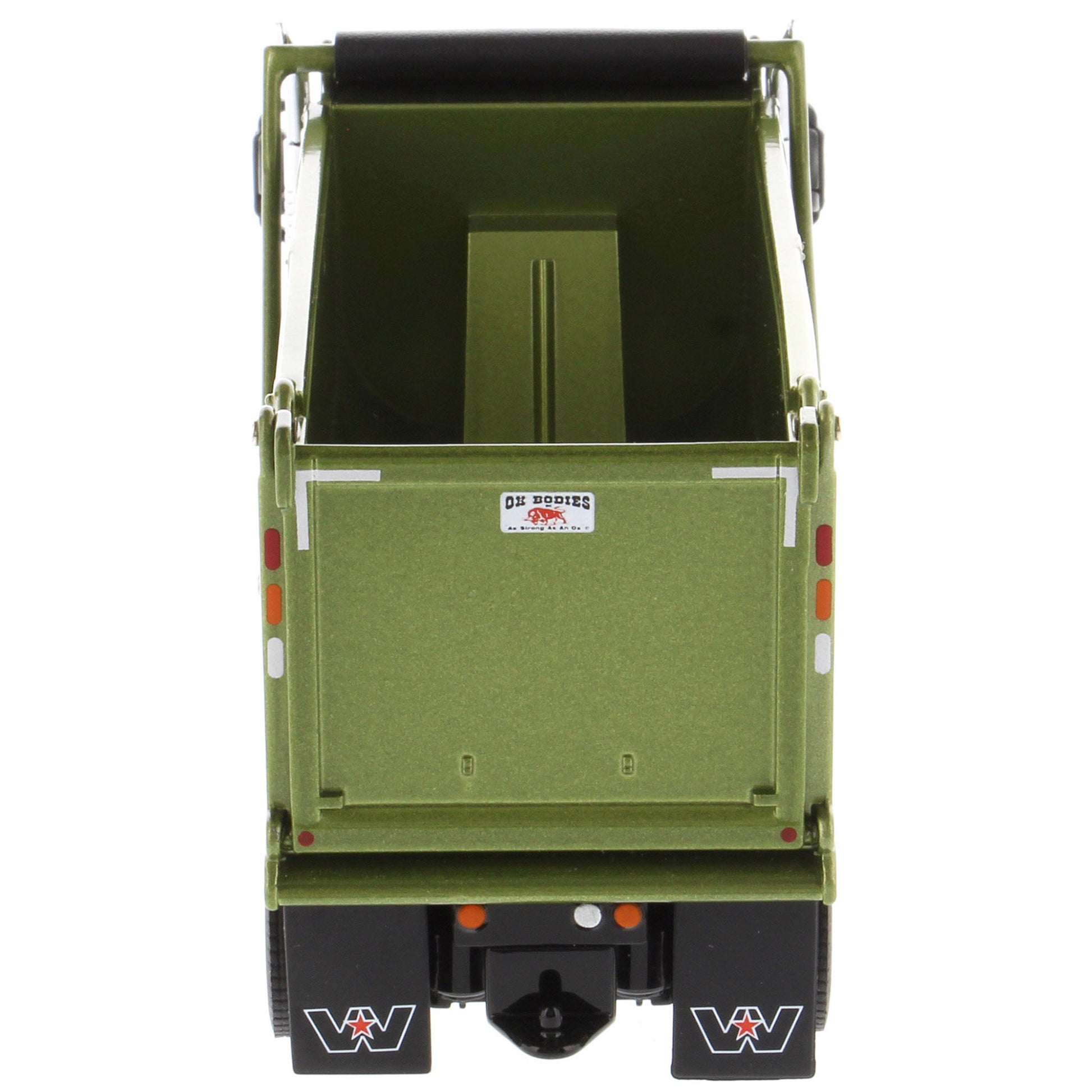 1:50 Scale Diecast Model of a Western Star 49X Ox Bodies Stampede Dump Truck w/Pusher Axle in Metallic Olive Green on a White Background