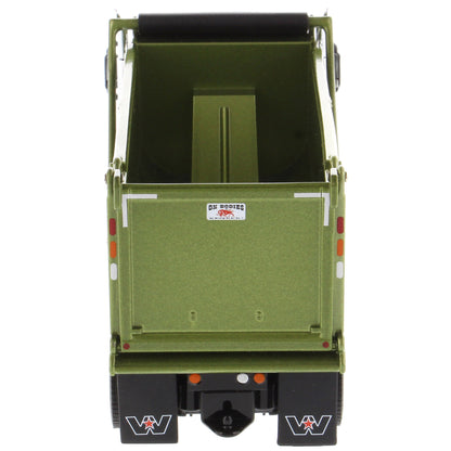 1:50 Scale Diecast Model of a Western Star 49X Ox Bodies Stampede Dump Truck w/Pusher Axle in Metallic Olive Green on a White Background