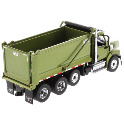 1:50 Scale Diecast Model of a Western Star 49X Ox Bodies Stampede Dump Truck w/Pusher Axle in Metallic Olive Green on a White Background