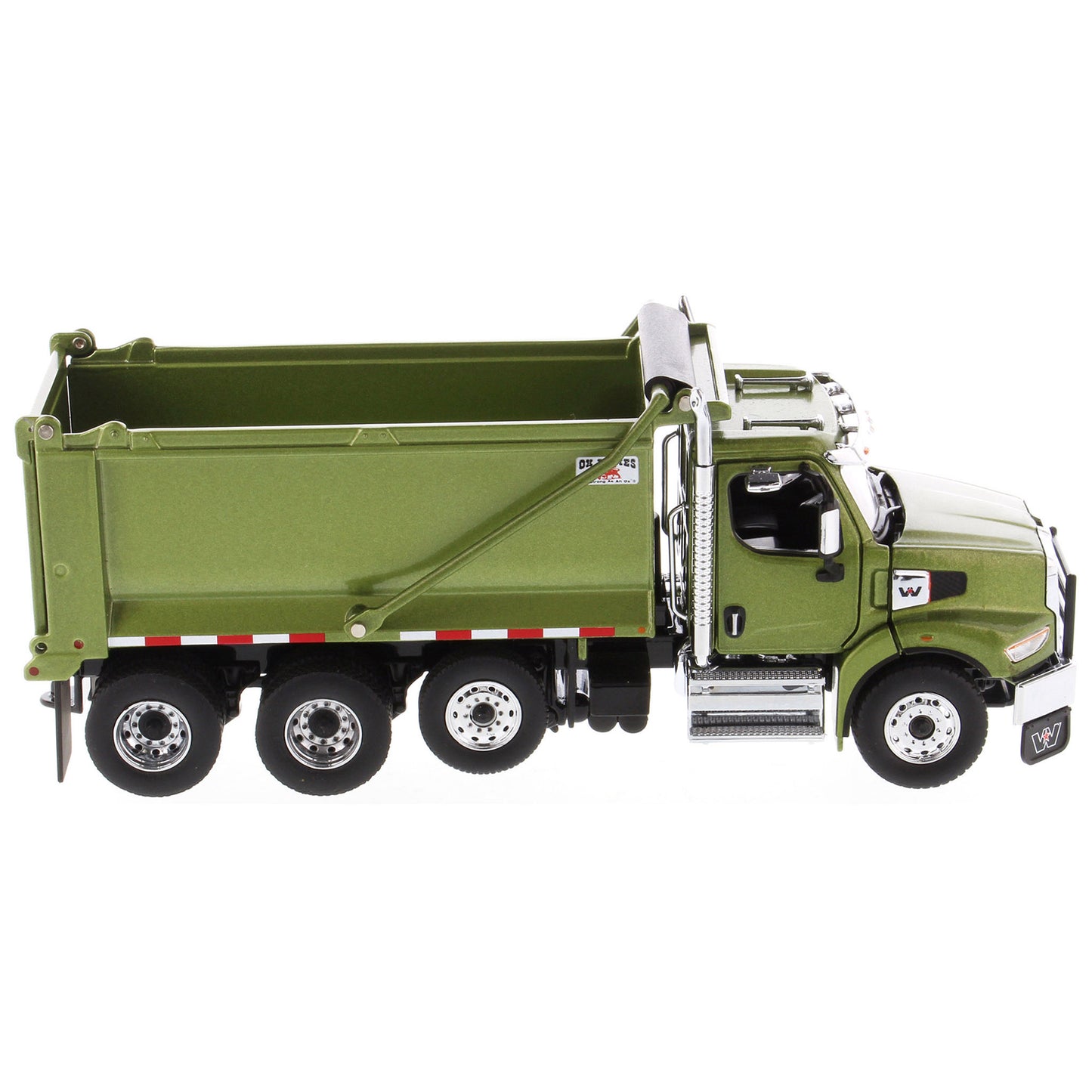 1:50 Scale Diecast Model of a Western Star 49X Ox Bodies Stampede Dump Truck w/Pusher Axle in Metallic Olive Green on a White Background