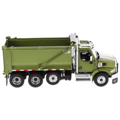 1:50 Scale Diecast Model of a Western Star 49X Ox Bodies Stampede Dump Truck w/Pusher Axle in Metallic Olive Green on a White Background