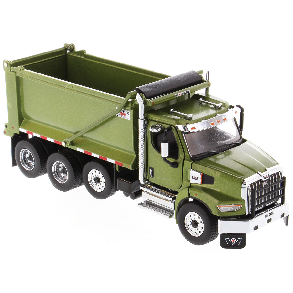1:50 Scale Diecast Model of a Western Star 49X Ox Bodies Stampede Dump Truck w/Pusher Axle in Metallic Olive Green on a White Background