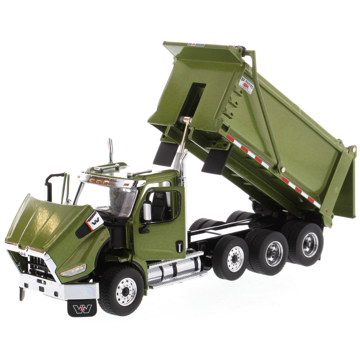 1:50 Scale Diecast Model of a Western Star 49X Ox Bodies Stampede Dump Truck w/Pusher Axle in Metallic Olive Green on a White Background