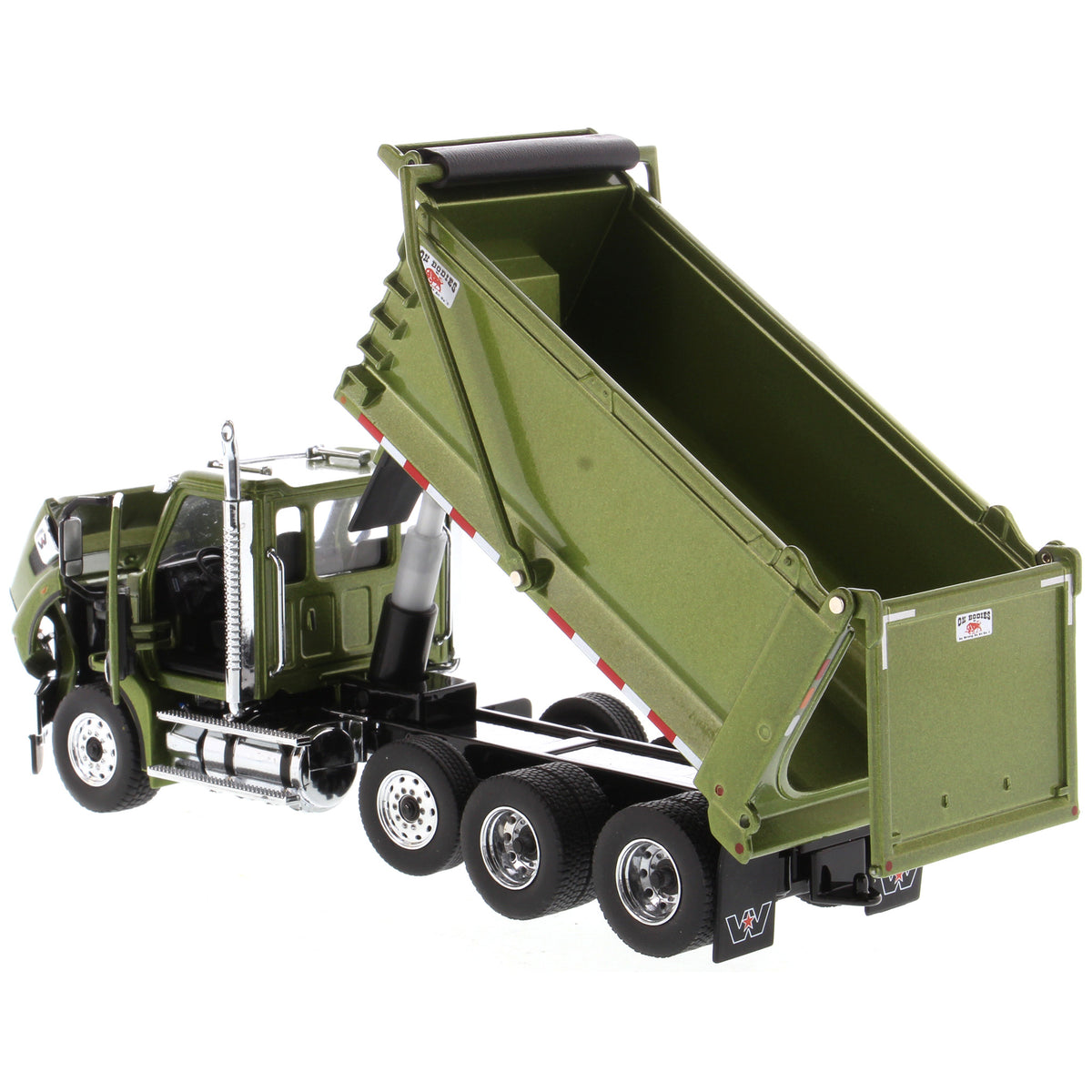 1:50 Scale Diecast Model of a Western Star 49X Ox Bodies Stampede Dump Truck w/Pusher Axle in Metallic Olive Green on a White Background