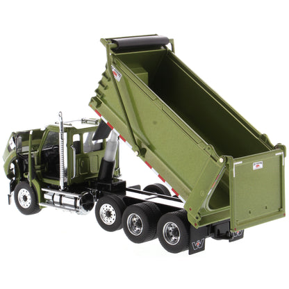 1:50 Scale Diecast Model of a Western Star 49X Ox Bodies Stampede Dump Truck w/Pusher Axle in Metallic Olive Green on a White Background