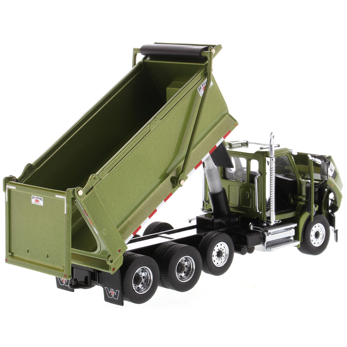 1:50 Scale Diecast Model of a Western Star 49X Ox Bodies Stampede Dump Truck w/Pusher Axle in Metallic Olive Green on a White Background