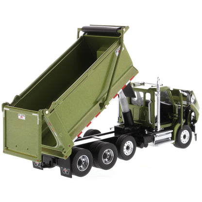 1:50 Scale Diecast Model of a Western Star 49X Ox Bodies Stampede Dump Truck w/Pusher Axle in Metallic Olive Green on a White Background