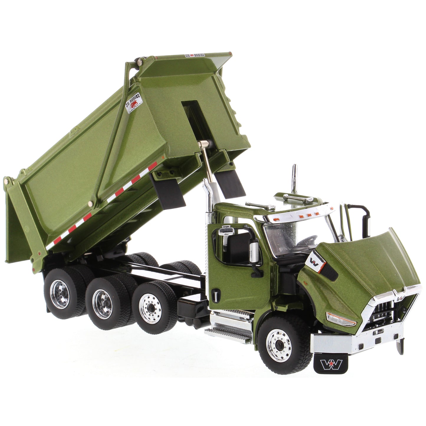1:50 Scale Diecast Model of a Western Star 49X Ox Bodies Stampede Dump Truck w/Pusher Axle in Metallic Olive Green on a White Background