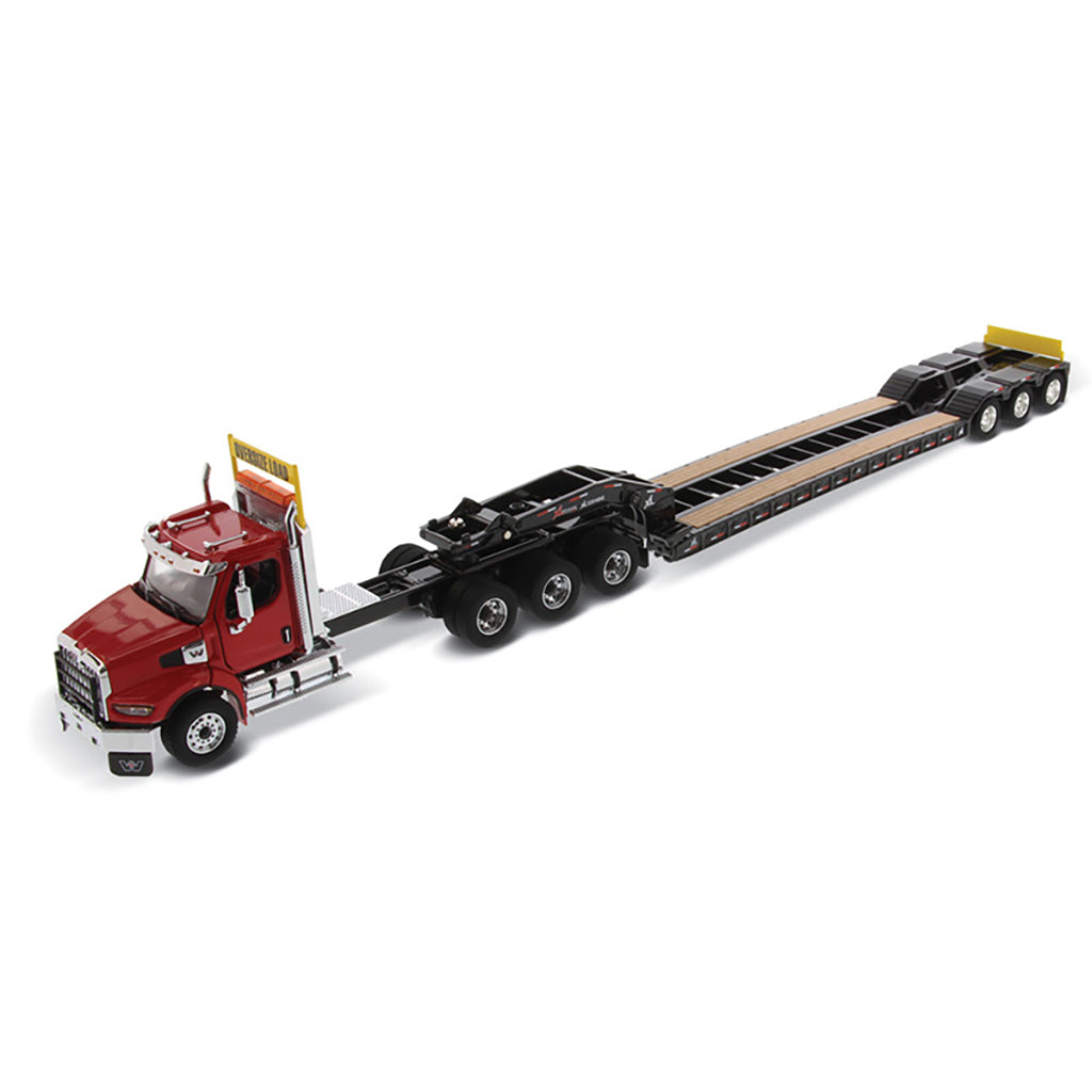 Model of a Red Western Star 49X SB Tri-Axle Day Cab Pulling a Black XL Specialized Trailers XL120 Low-Profile HDG Lowboy Trailer on a White Background