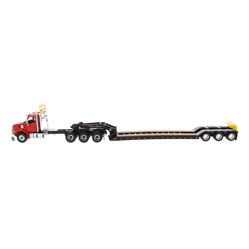 Model of a Red Western Star 49X SB Tri-Axle Day Cab Pulling a Black XL Specialized Trailers XL120 Low-Profile HDG Lowboy Trailer on a White Background