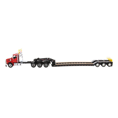 Model of a Red Western Star 49X SB Tri-Axle Day Cab Pulling a Black XL Specialized Trailers XL120 Low-Profile HDG Lowboy Trailer on a White Background