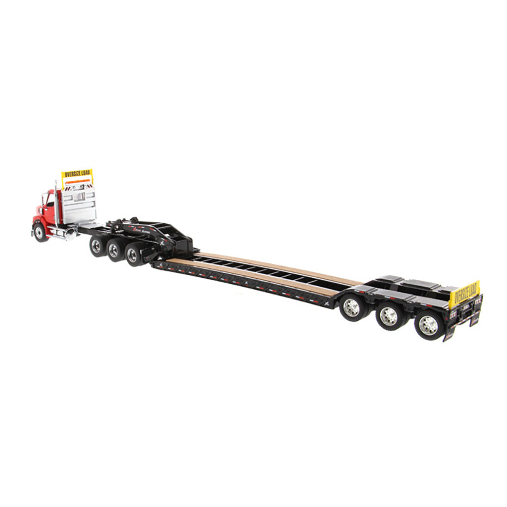 Model of a Red Western Star 49X SB Tri-Axle Day Cab Pulling a Black XL Specialized Trailers XL120 Low-Profile HDG Lowboy Trailer on a White Background