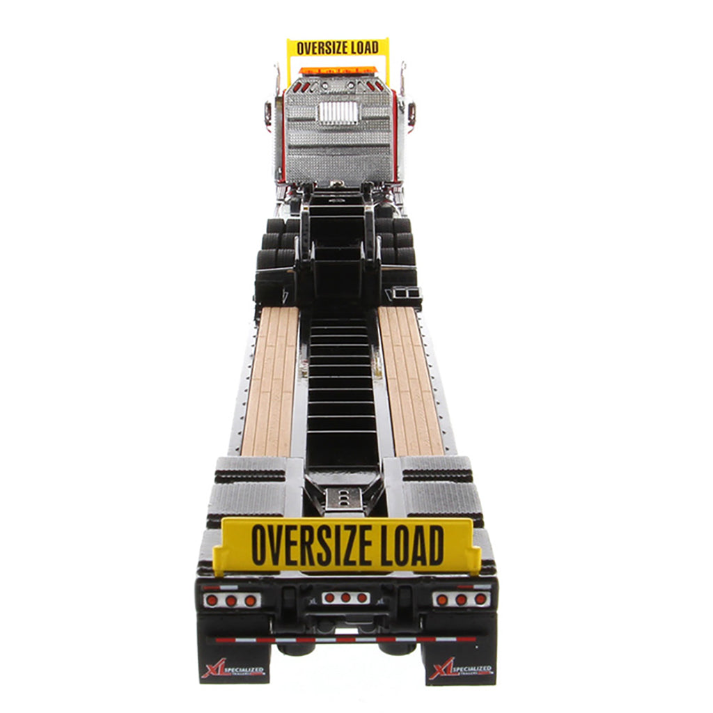 Model of a Red Western Star 49X SB Tri-Axle Day Cab Pulling a Black XL Specialized Trailers XL120 Low-Profile HDG Lowboy Trailer on a White Background