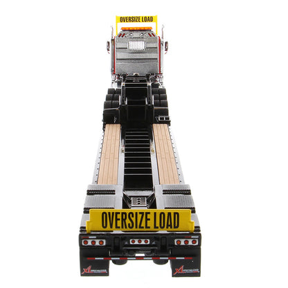 Model of a Red Western Star 49X SB Tri-Axle Day Cab Pulling a Black XL Specialized Trailers XL120 Low-Profile HDG Lowboy Trailer on a White Background