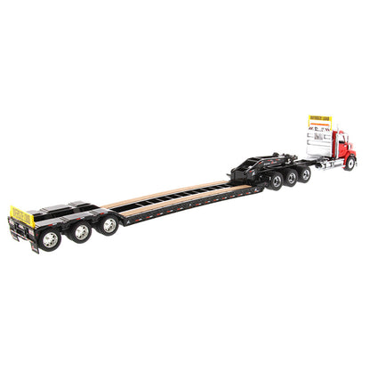 Model of a Red Western Star 49X SB Tri-Axle Day Cab Pulling a Black XL Specialized Trailers XL120 Low-Profile HDG Lowboy Trailer on a White Background
