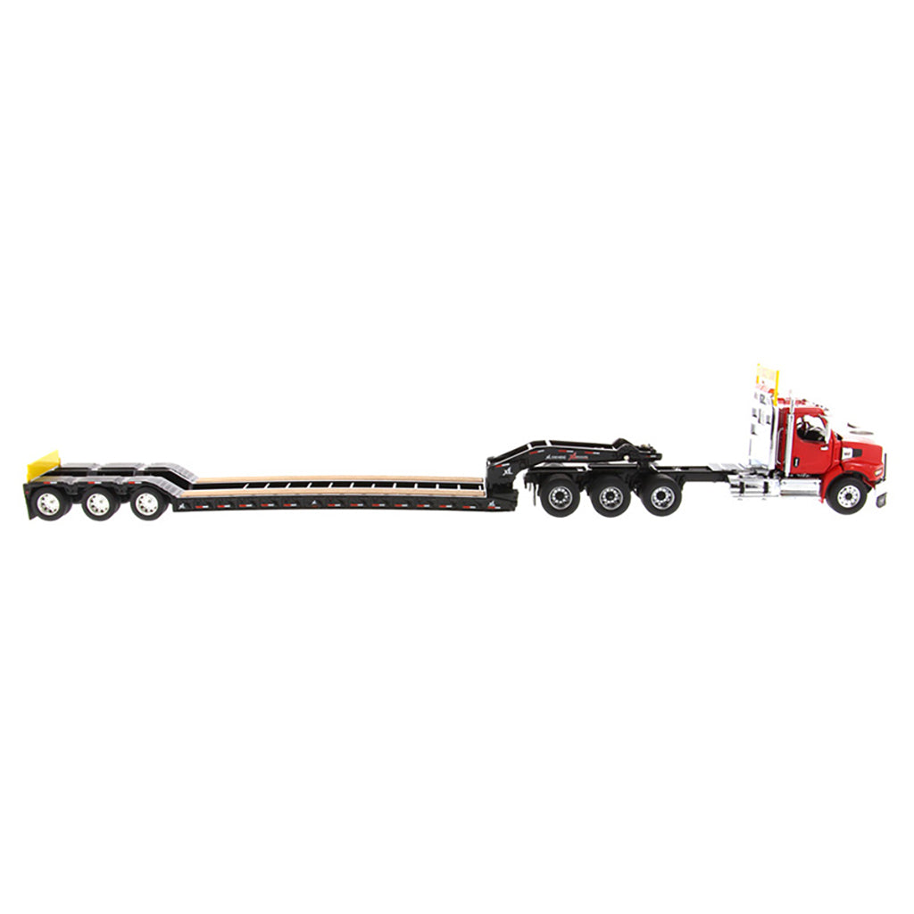 Model of a Red Western Star 49X SB Tri-Axle Day Cab Pulling a Black XL Specialized Trailers XL120 Low-Profile HDG Lowboy Trailer on a White Background