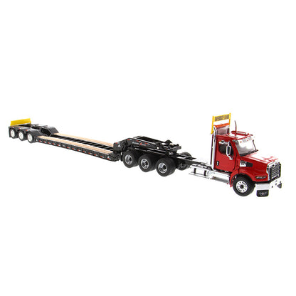 Model of a Red Western Star 49X SB Tri-Axle Day Cab Pulling a Black XL Specialized Trailers XL120 Low-Profile HDG Lowboy Trailer on a White Background