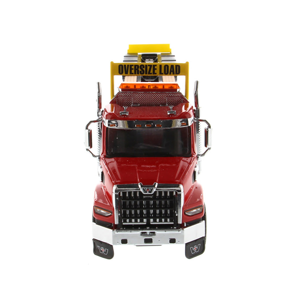 Model of a Red Western Star 49X SB Tri-Axle Day Cab Pulling a Black XL Specialized Trailers XL120 Low-Profile HDG Lowboy Trailer on a White Background