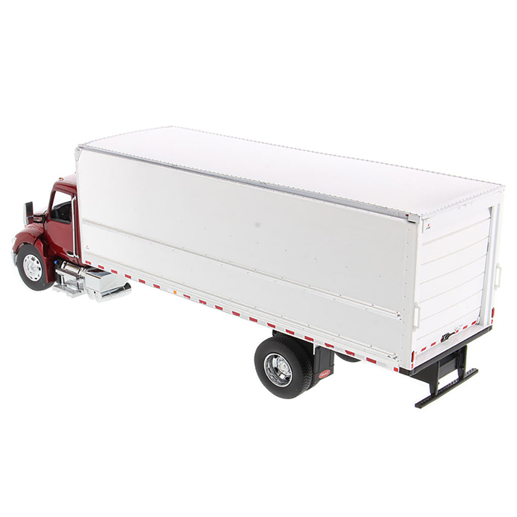 Model of a Red Peterbilt 536 with White Supreme Signature Truck Dry Box Van Body on a White Background