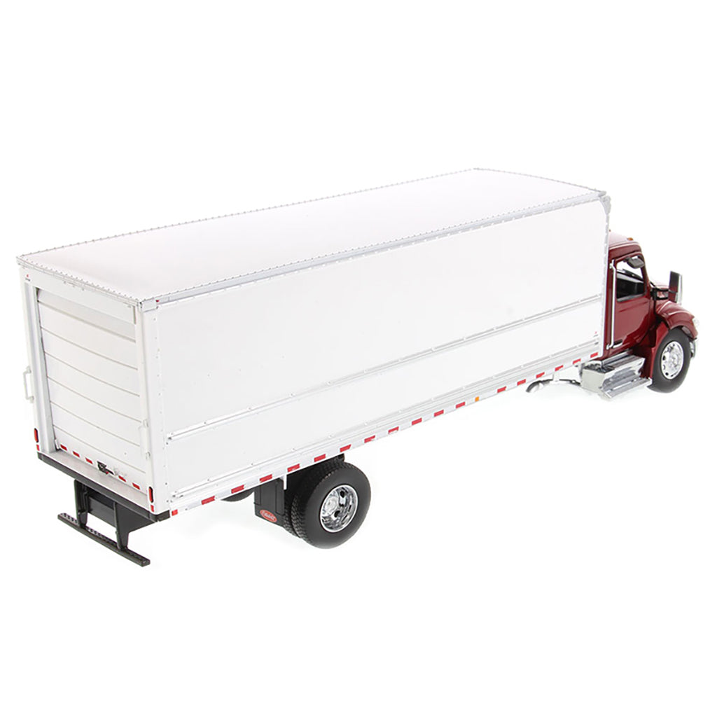 Model of a Red Peterbilt 536 with White Supreme Signature Truck Dry Box Van Body on a White Background