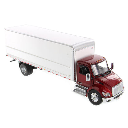 Model of a Red Peterbilt 536 with White Supreme Signature Truck Dry Box Van Body on a White Background